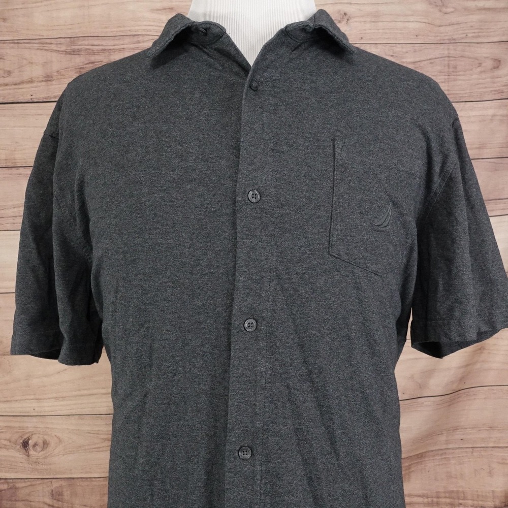 Nautica Shirt Mens 2XL Gray Solid Jersey Knit Short Sleeve Button Front